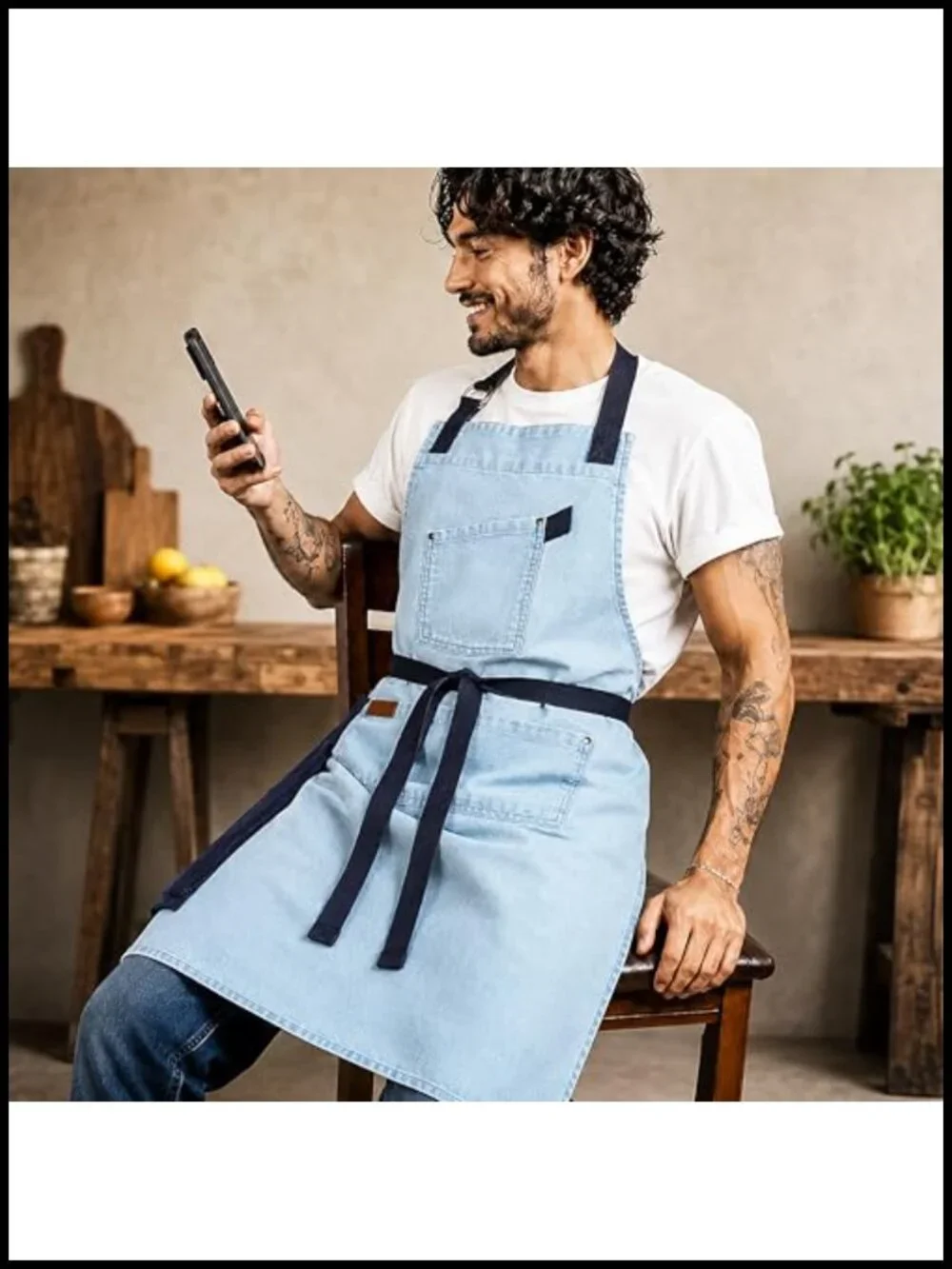100% Cotton Denim Chef Apron with Terry Towel and 3 Pockets